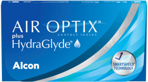 Box of AIR OPTIX plus HydraGlyde contacts.