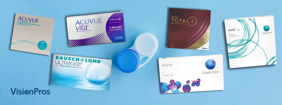 Top down perspective of different contact lens brands.