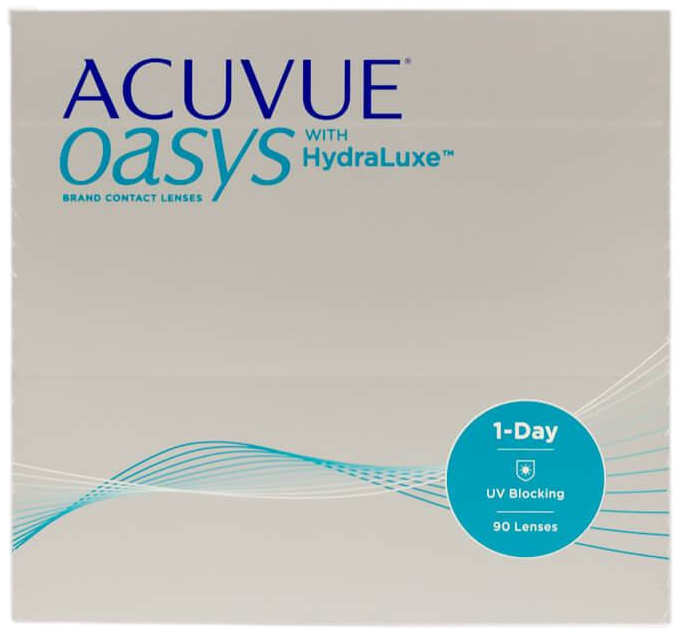 A box of ACUVUE OASYS 1-Day with HydraLuxe contact lenses.