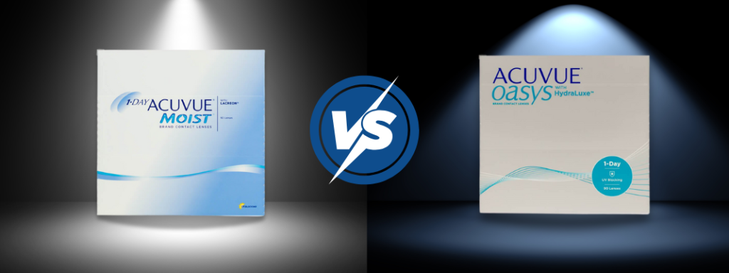 Comparison image showing 1-Day ACUVUE Moist and ACUVUE OASYS 1-Day contact lens boxes with versus symbol