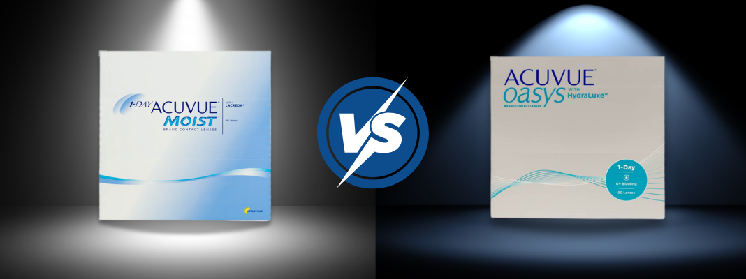 Comparison image showing 1-Day ACUVUE Moist and ACUVUE OASYS 1-Day contact lens boxes with versus symbol