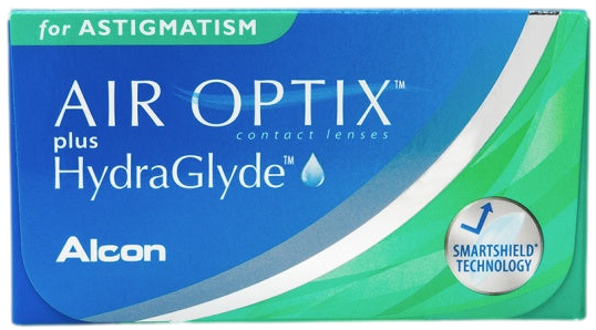 A box of AIR OPTIX plus HydraGlyde for Astigmatism contact lenses.