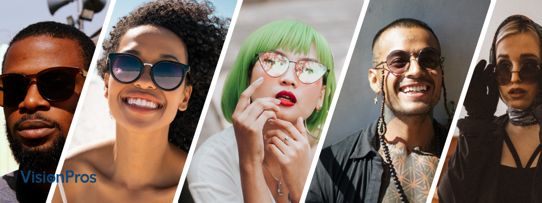 Five people wearing different sunglasses styles that complement oblong face shapes