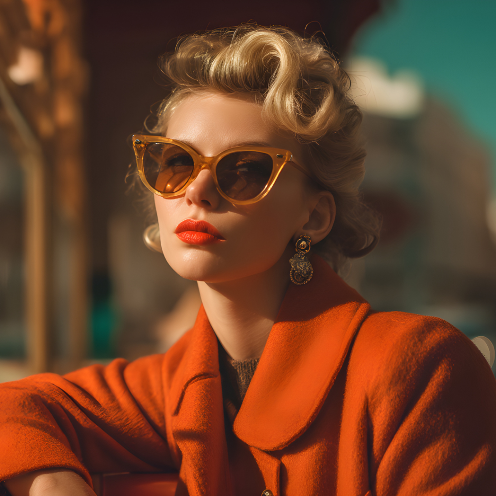 Woman wearing amber cat-eye sunglasses with a retro hairstyle and bold makeup