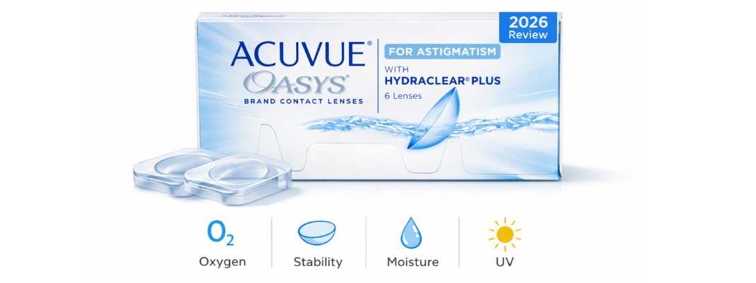 ACUVUE OASYS for Astigmatism contact lens box with blister packs and icons for oxygen, stability, moisture, and UV protection (2026 review badge).