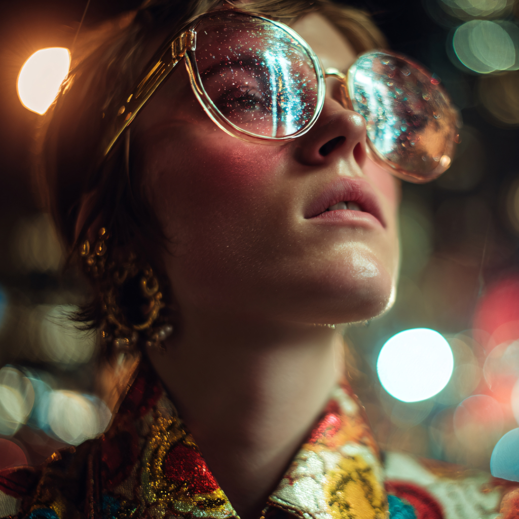 Close-up of oversized reflective sunglasses worn at night with city lights reflected