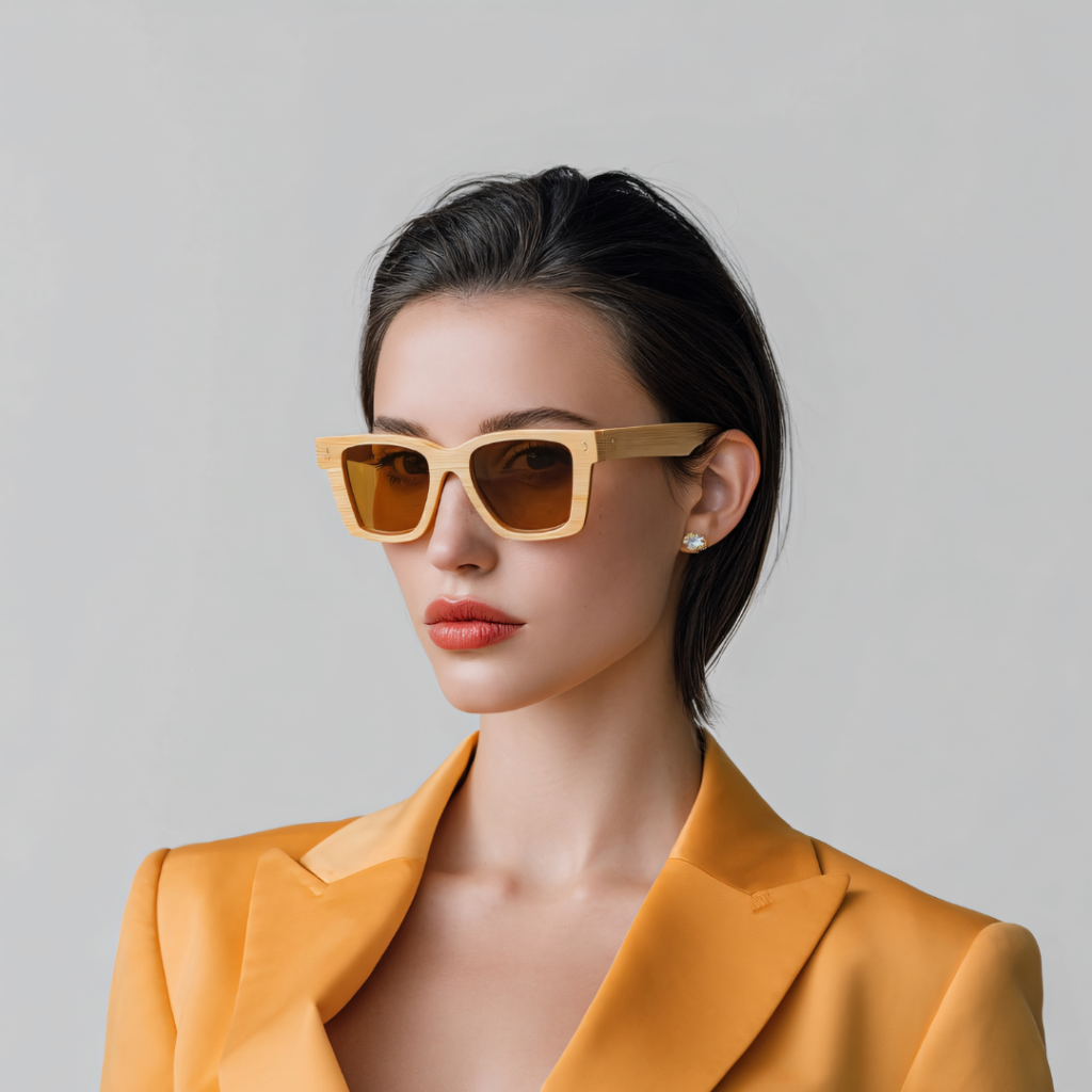 Woman wearing square sunglasses with brown lenses and a mustard blazer