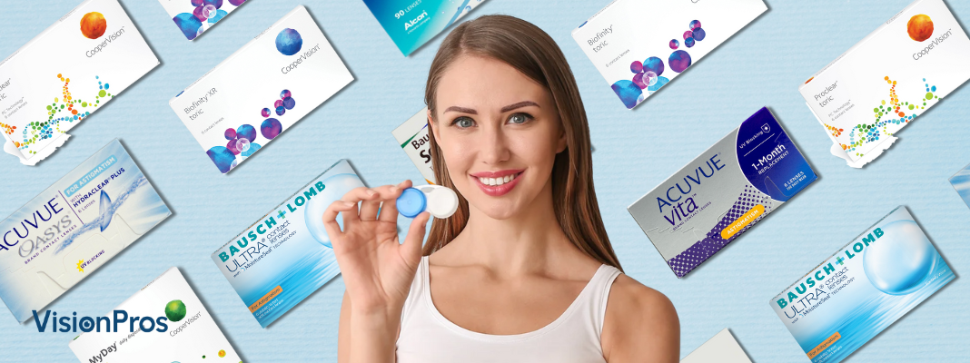 Woman holding a contact lens case with popular toric contact lens boxes displayed around her, representing top toric contact lenses of 2025 by VisionPros.