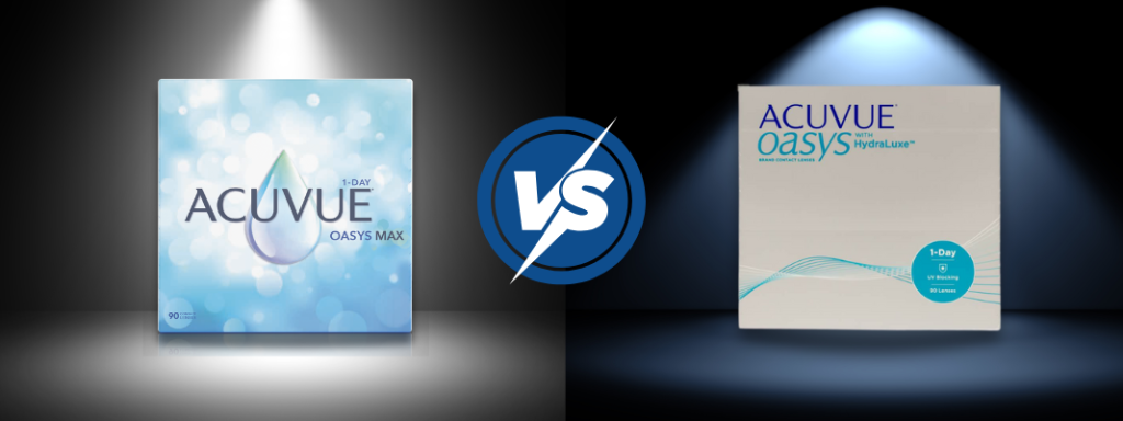 Side-by-side comparison image of ACUVUE OASYS MAX 1-Day and ACUVUE OASYS 1-Day with HydraLuxe contact lens boxes, with a VS symbol centered between the two products under spotlight lighting.