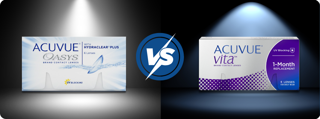 Side-by-side comparison image showing ACUVUE OASYS contact lens box on the left and ACUVUE VITA monthly contact lens box on the right, separated by a “VS” icon, highlighting daily versus monthly replacement lenses.