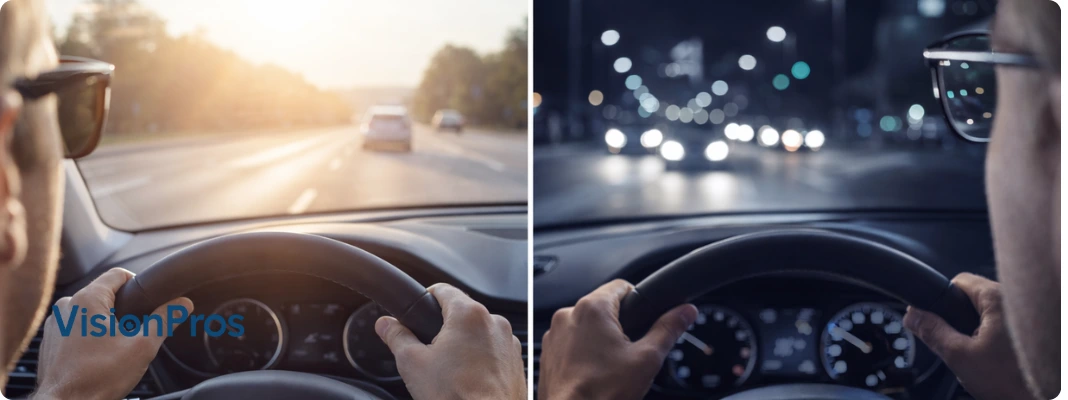 Split day and night driving scene showing polarized sunglasses for daytime glare and clear anti-reflective glasses for night visibility.