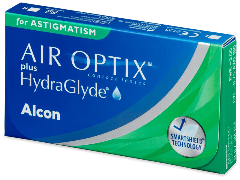 A box of Air Optix Plus HydraGlyde for Astigmatism contact lenses. 