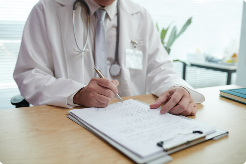 An doctor writing a prescription for contact lens.
