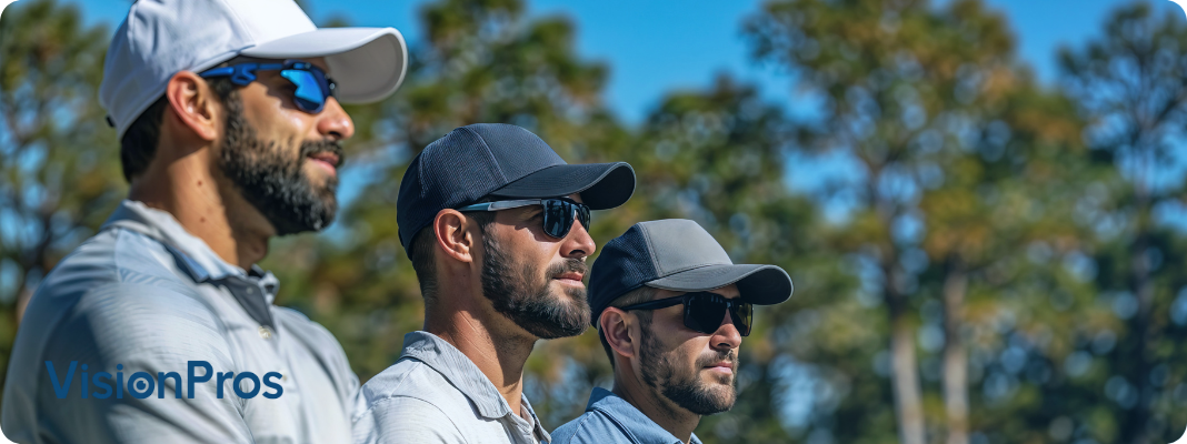 A row of handsome golfers in the field wearing sunglasses.