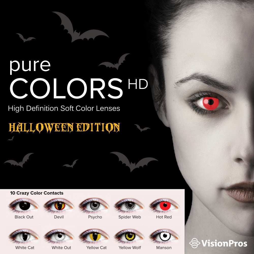 A box of Pure Colors HD Costume Halloween Edition contact lenses.
