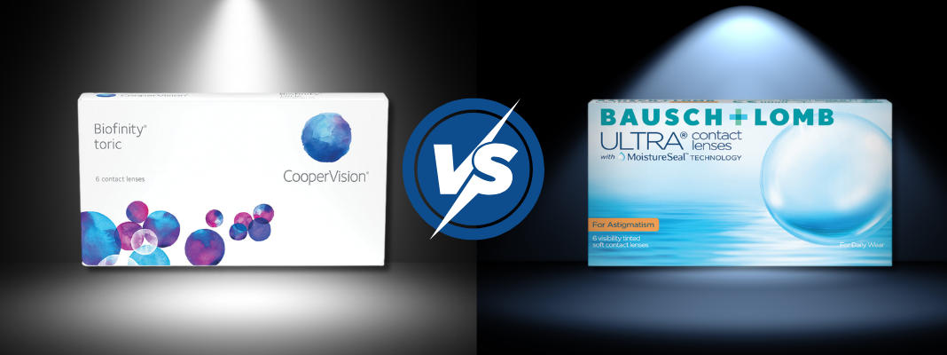 Biofinity Toric and Bausch + Lomb ULTRA for Astigmatism contact lens boxes side by side with a VS icon.
