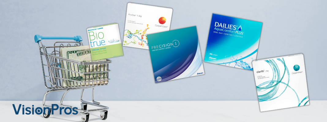 VisionPros banner showing a shopping cart filled with cash and several daily contact lens boxes floating above it, including Biotrue ONEday, Proclear 1 Day, Precision1, DAILIES AquaComfort Plus, and clariti 1 day.