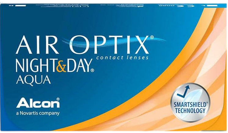 Air Optix Night & Day Aqua contact lens box in teal and orange with “Air Optix Night & Day Aqua” text, SmartShield Technology badge, and Alcon logo.