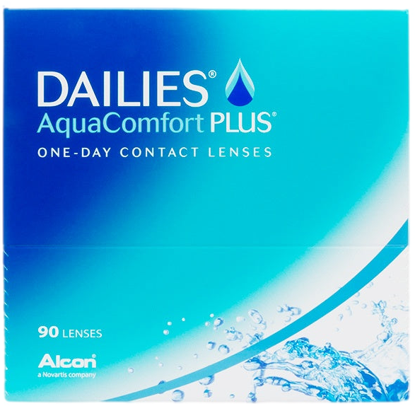 A box of Dailies AquaComfort Plus contact lenses.