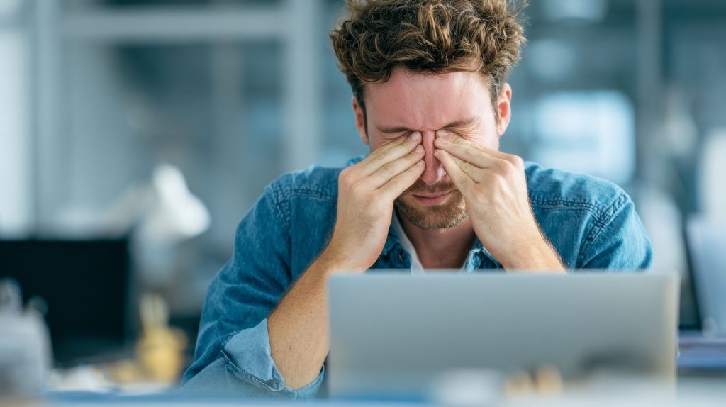Tired man rubs his eyes while sitting at a laptop in an office setting.
