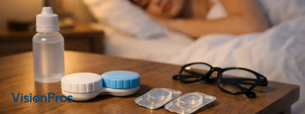 Contact lens case, solution bottle, and blister packs on a bedside table with a woman sleeping in the background.