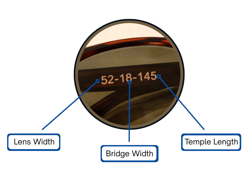 Measurement numbers inside a frame with arrows to determine which is lens width, bridge width, and temple length