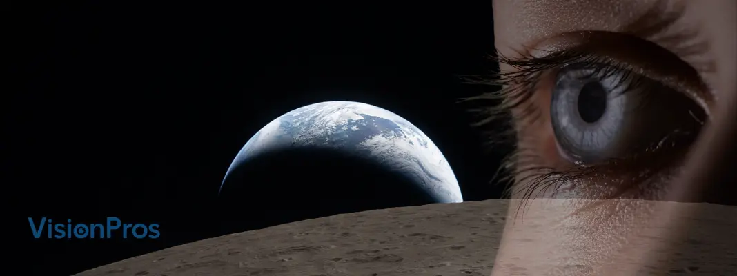 VisionPros graphic showing a close-up human eye over a view of Earth rising above the Moon’s surface against a black space background.