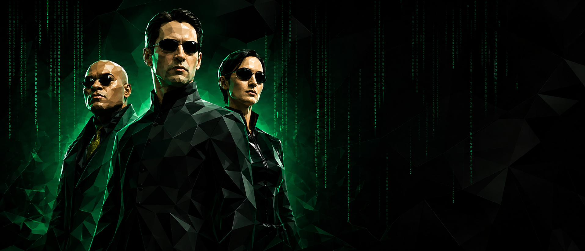 Three Matrix-inspired characters wearing dark sunglasses in a green-and-black geometric digital rain scene.