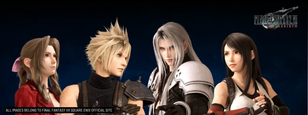 Final Fantasy 7 Characters: Aerith Gainsborough, Cloud Strife, Sephiroth, and Tifa Lockhart