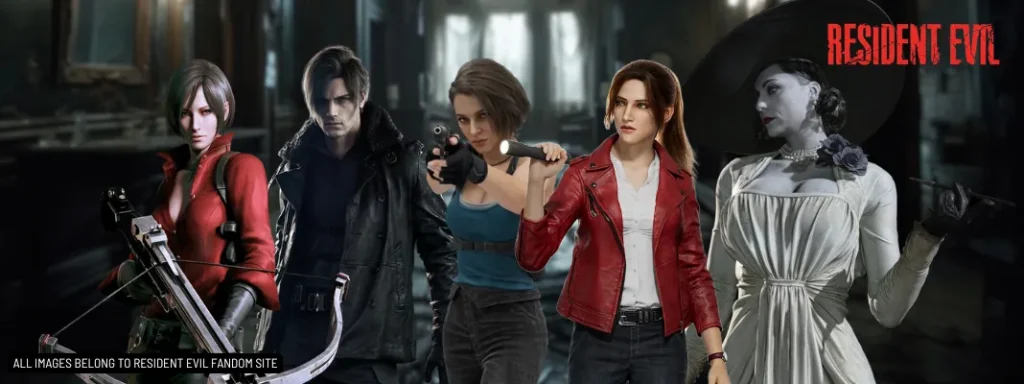 Resident Evil Characters - Ada Wong, Leon Kennedy, Jill Valentine, Claire Redfield, and Lady Dimitrescu