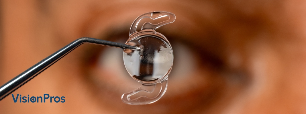 Close-up of an intraocular lens held with surgical forceps in front of an eye, illustrating cataract surgery and vision correction options.