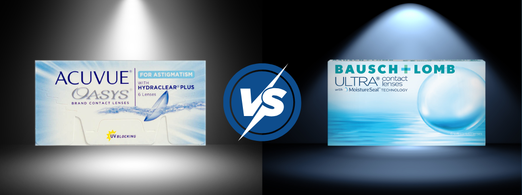 ACUVUE OASYS for Astigmatism and Bausch + Lomb ULTRA contact lens boxes shown side by side with a VS graphic.