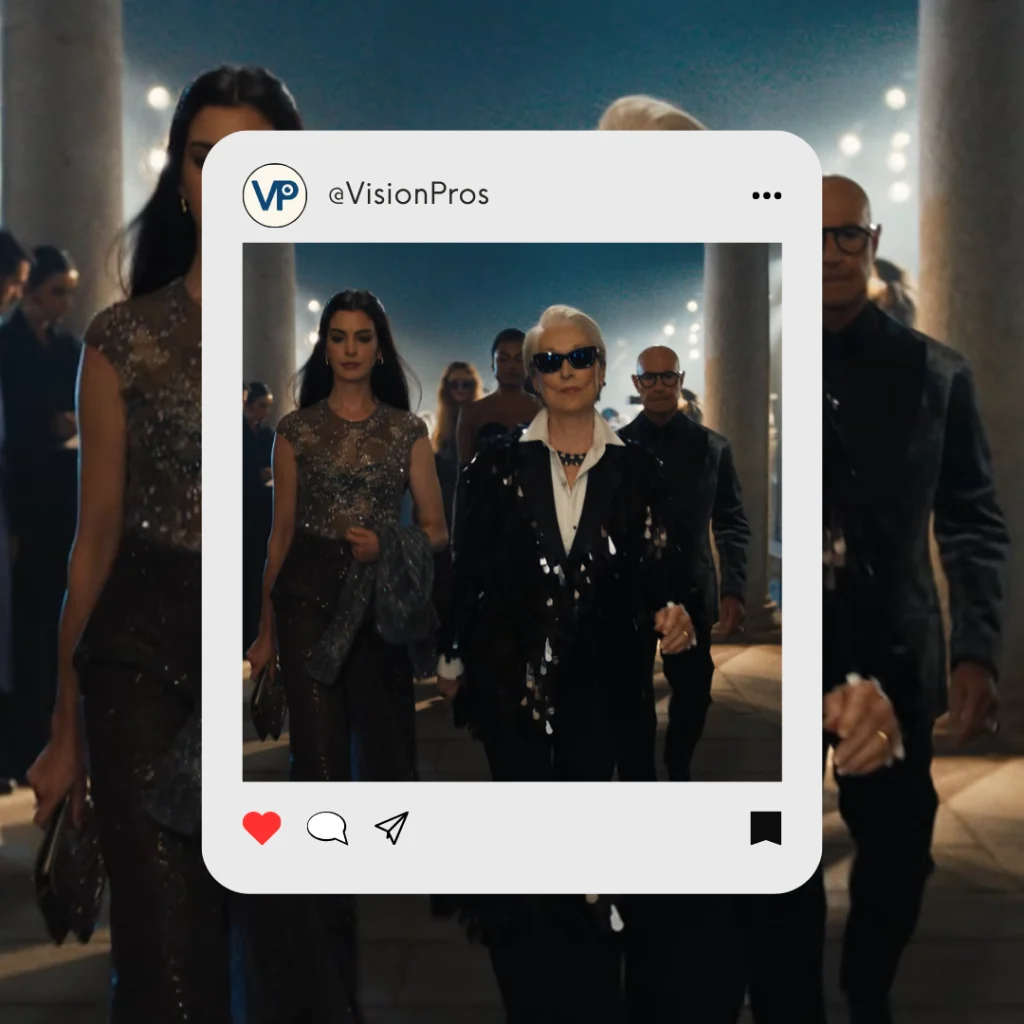 Meryl Streep walking down the runway with dark frames.