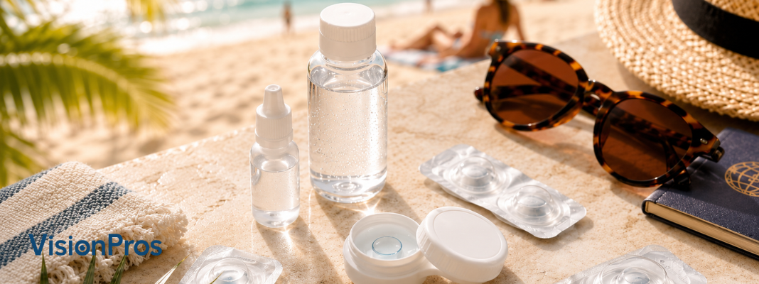 Contact lens case, lens solution, blister packs, sunglasses, and beach travel items arranged for summer contact lens care.