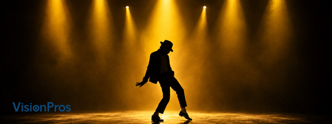 Silhouette of a performer under golden stage spotlights, inspired by Michael Jackson’s iconic sunglasses and pop star style.