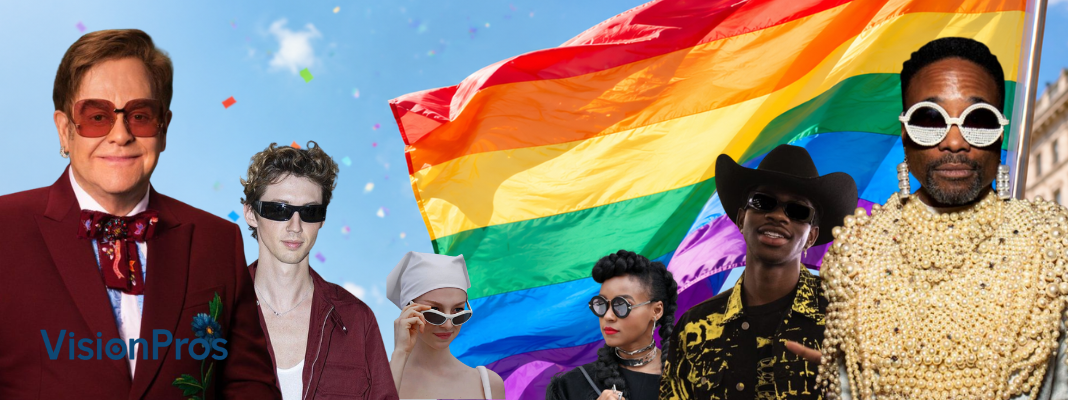 Pride sunglasses inspiration with a rainbow flag, VisionPros logo, and style icons wearing colorful, oversized, and statement frames.