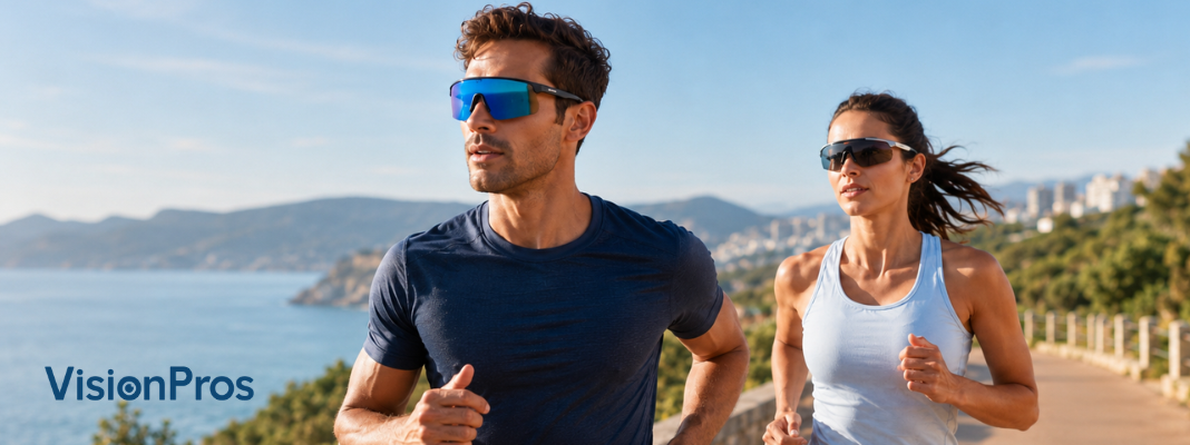 Runners wearing Oakley and Nike sunglasses on a sunny coastal path for a guide to the best running sunglasses for men and women