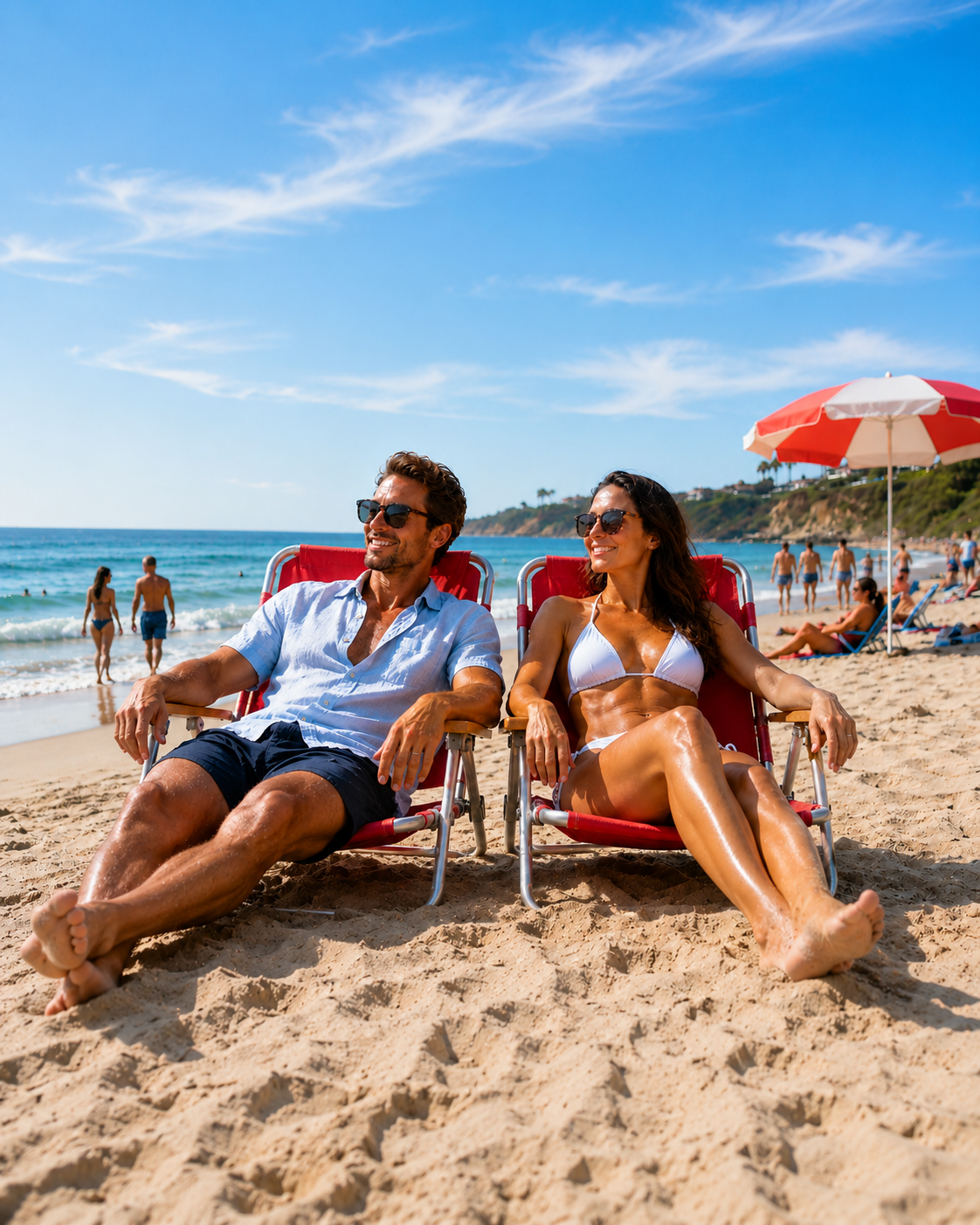 Couple wearing sunglasses while relaxing at the beach
