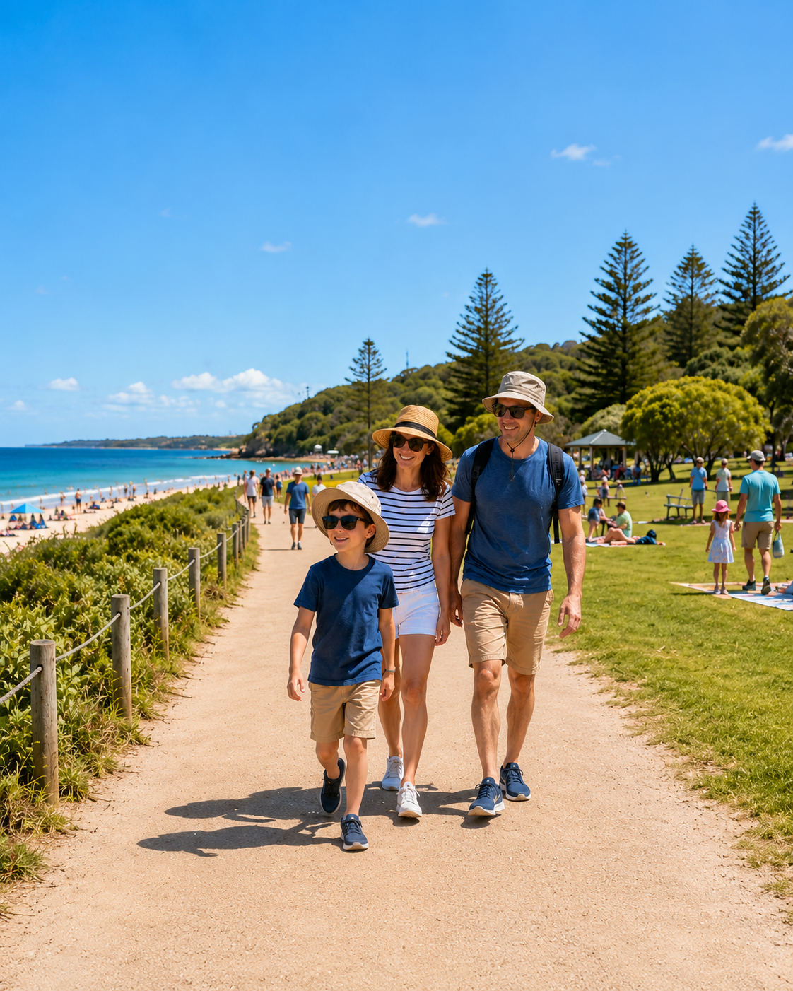 Family wearing sunglasses and hats on a walk near the beach