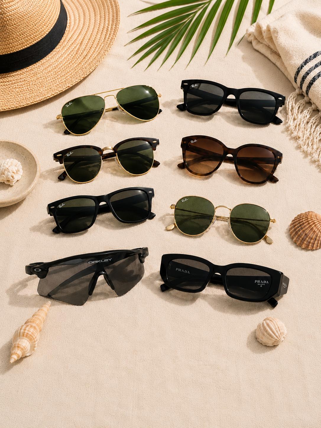 Assortment of sunglasses styles laid out on a beach towel with a sun hat