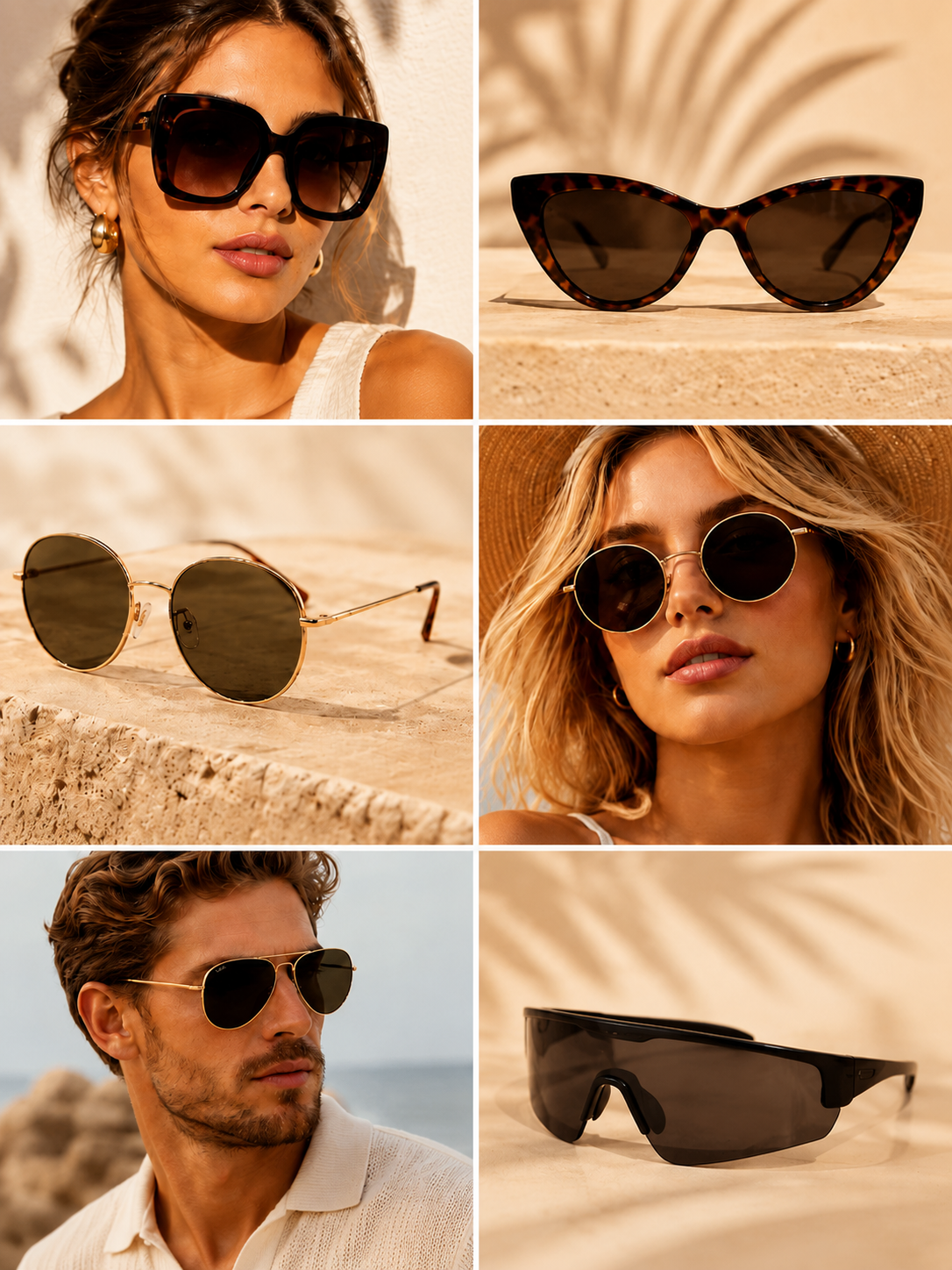 Collage of 2026 sunglasses trends including oversized and rounded frame styles