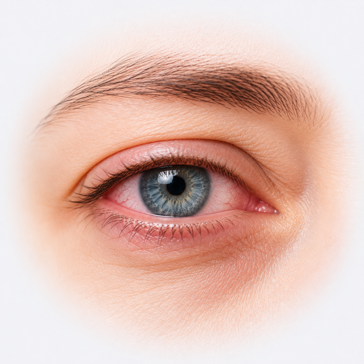 Close-up of an irritated eye with a gritty, burning feeling