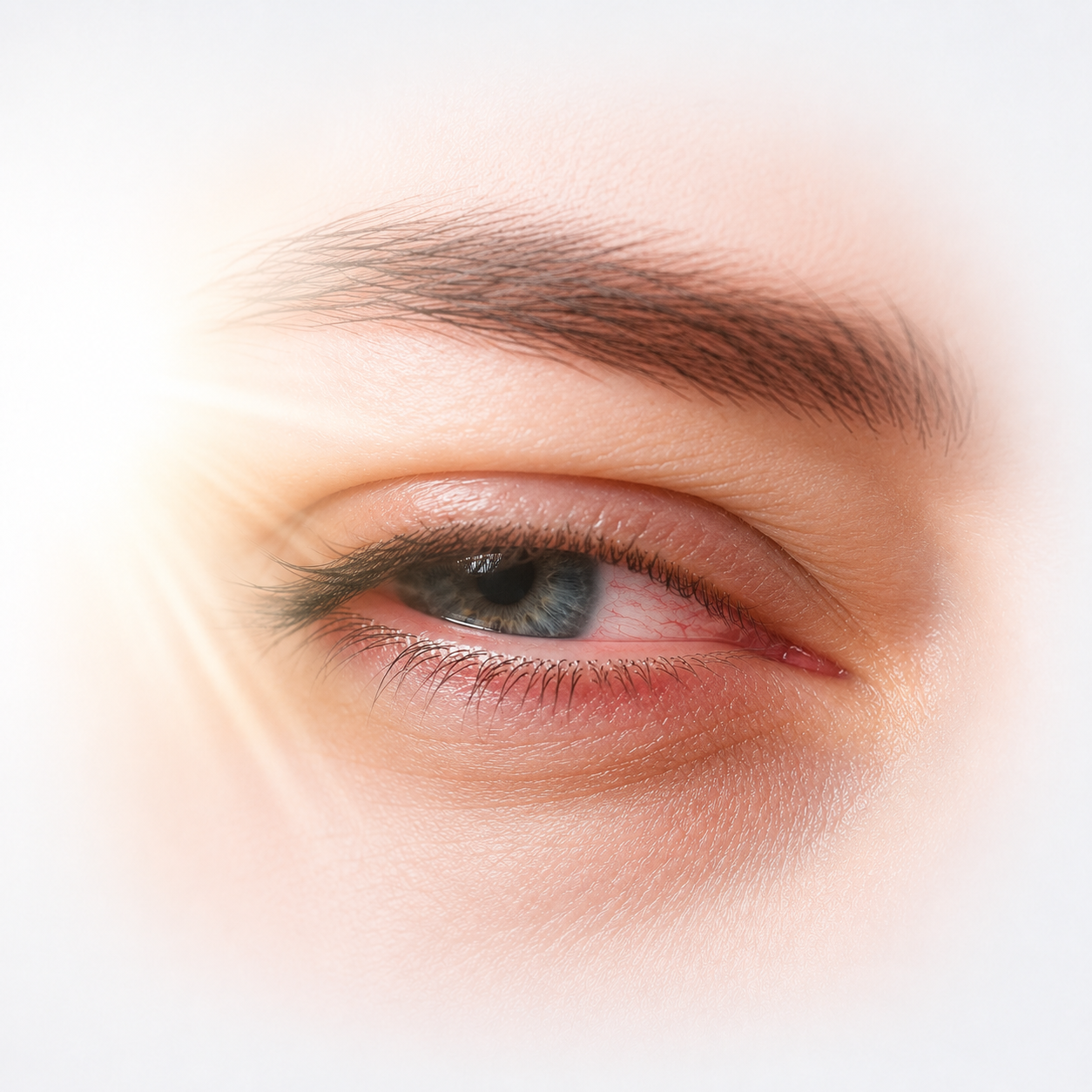 Close-up of an eye squinting from light sensitivity