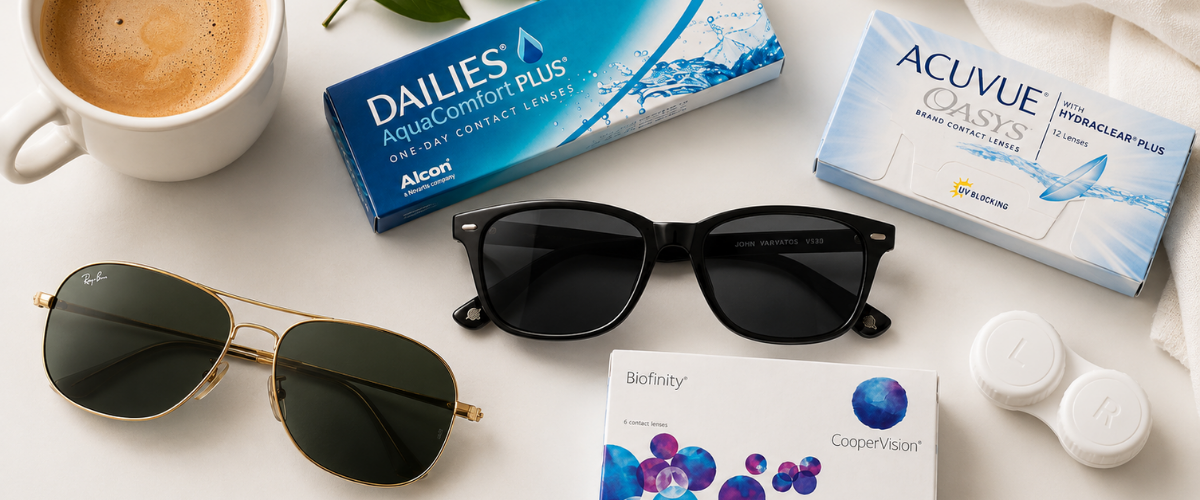 Sunglasses and contact lenses flat lay