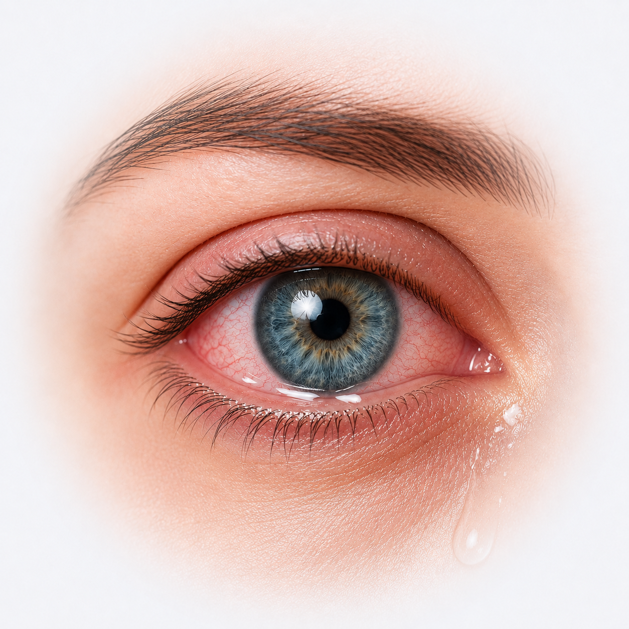 Close-up of a watery, tearing eye