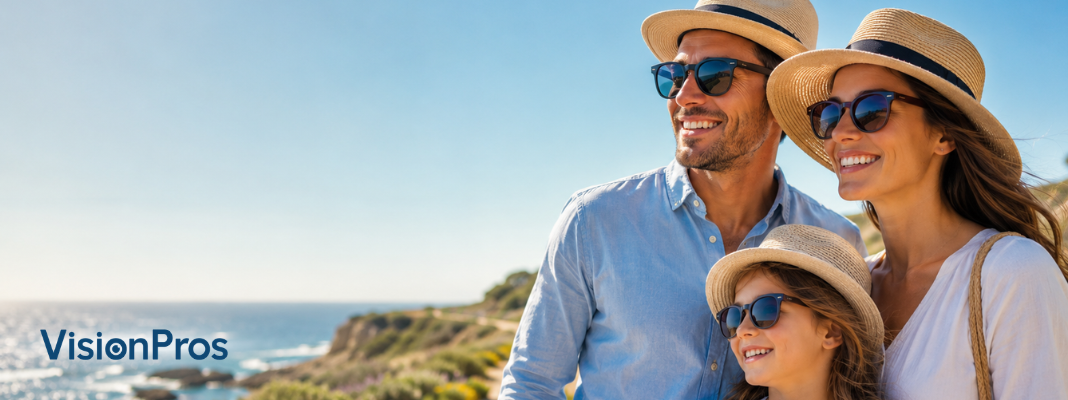 Family wearing sunglasses and sun hats outdoors during UV Safety Month to protect eyes from summer sun damage.