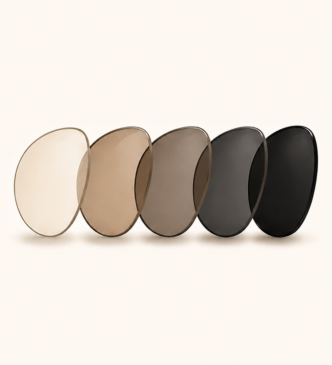 Row of sunglasses lenses showing different tint darkness levels