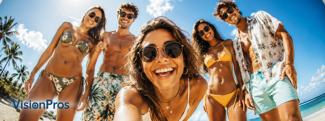 Group of friends wearing sunglasses on a sunny beach for National Sunglasses Day