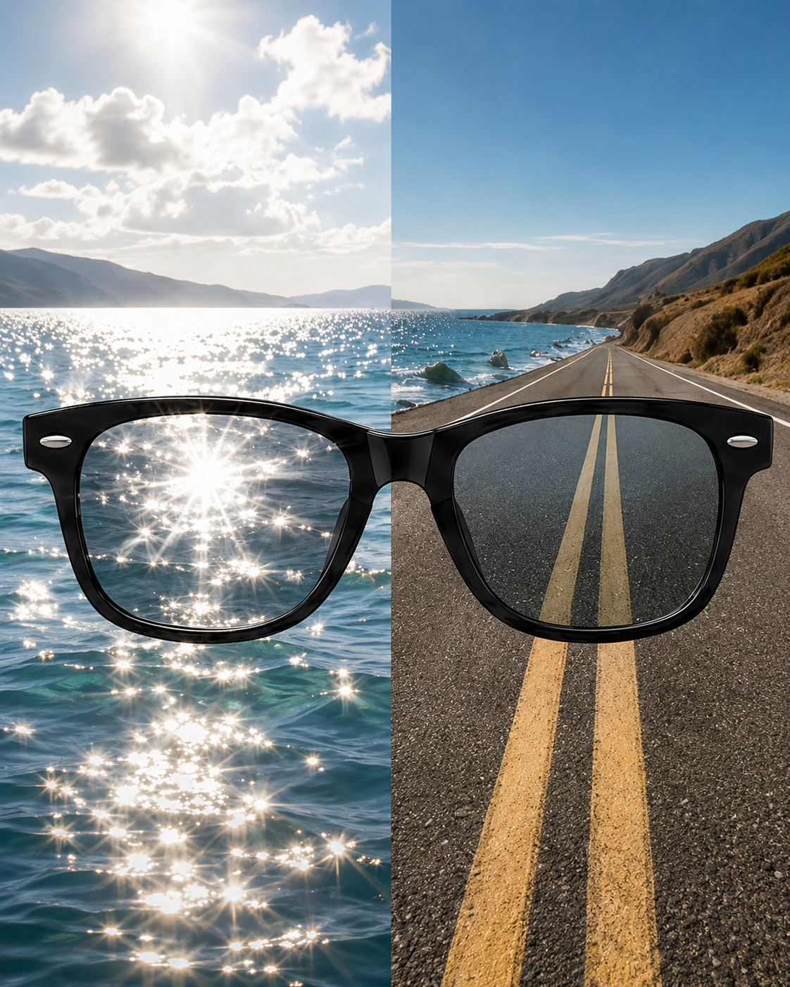 Sunglasses lens split-view of glare reduction on water and road