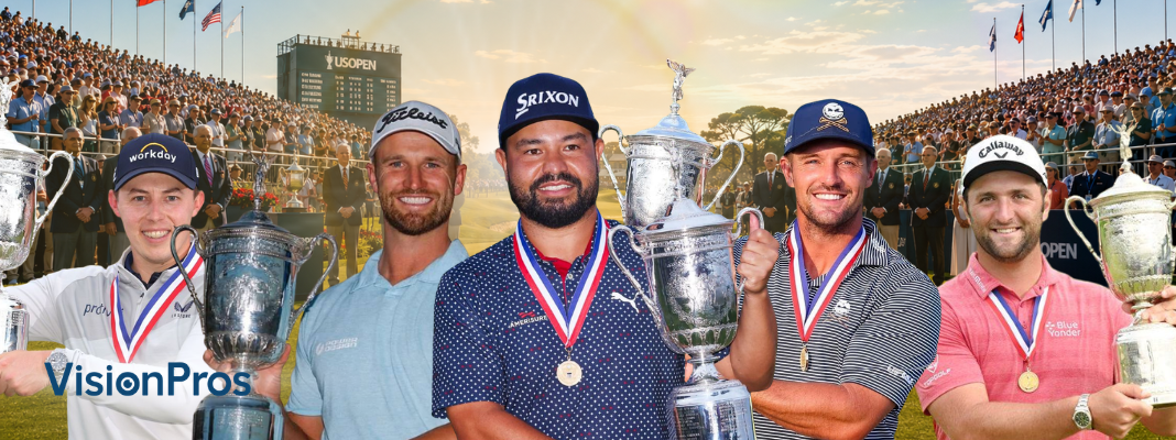 U.S. Open golf champions holding trophies for a VisionPros guide to the best sunglasses for golf